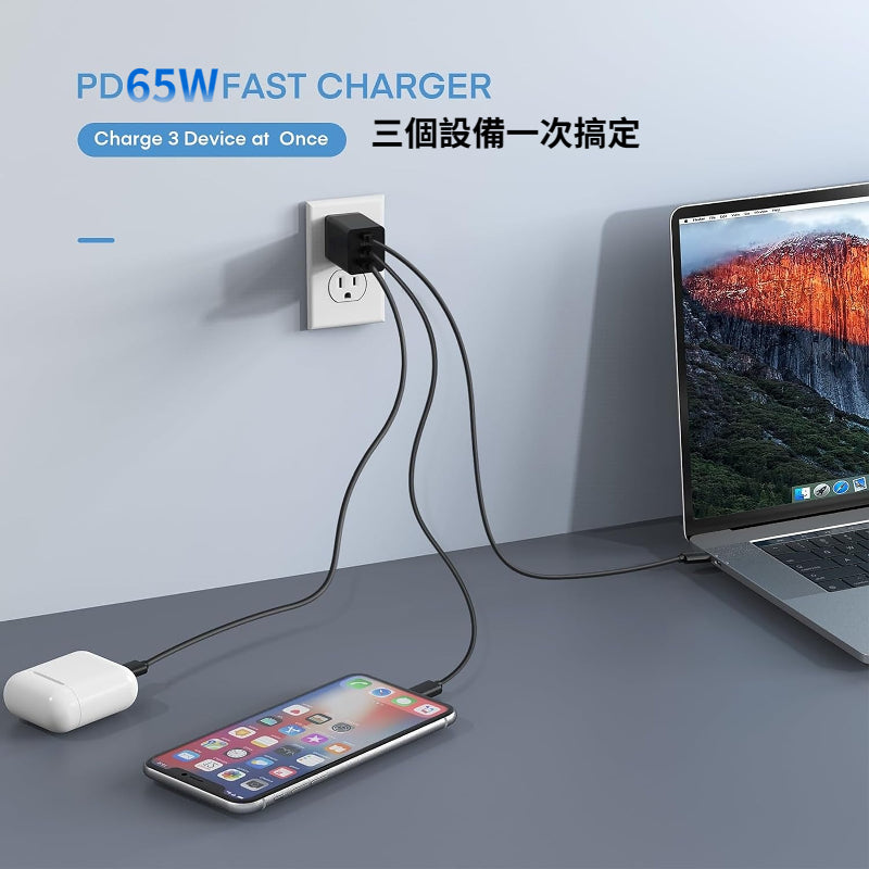 Anone 65W GaN 氮化鎵充電器 適用 iPhone三星手機 Mac筆電 Type-C PD快充頭